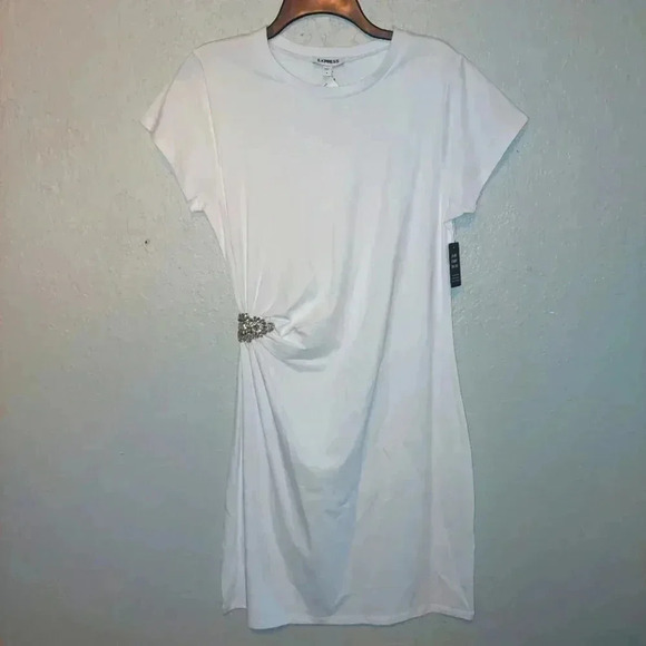 Express Dresses & Skirts - NWTS EXPRESS WHITE T SHIRT DRESS EMBELLISHED SIDE CINCH SIZE Medium RETAIL $78